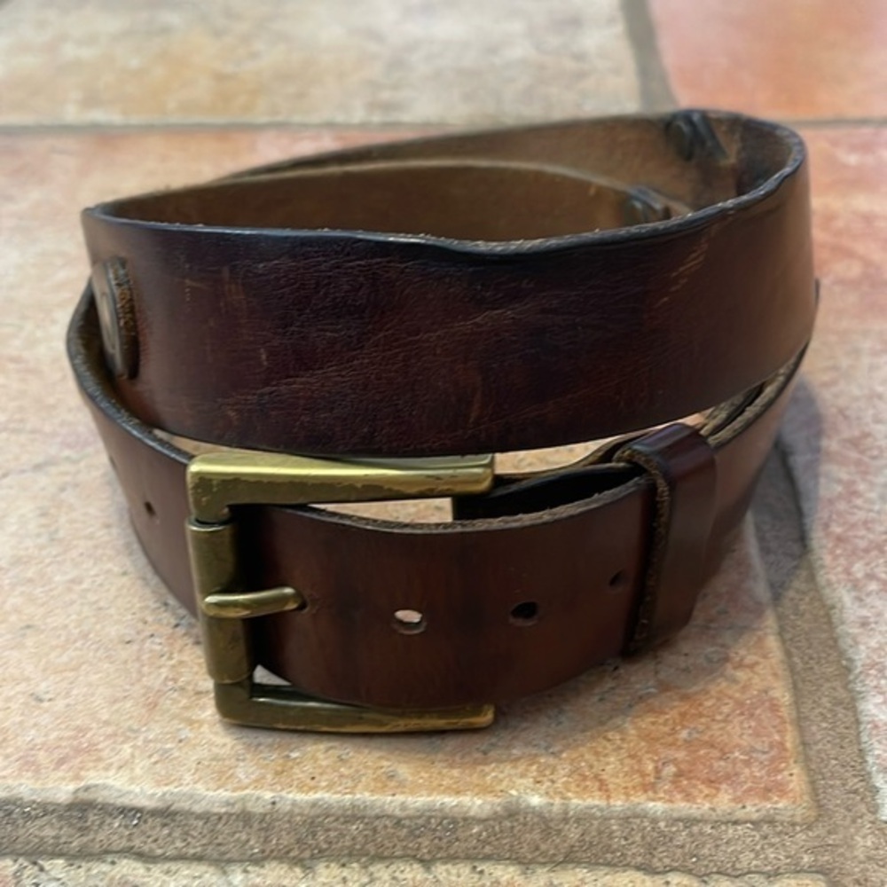Very vintage Eddie Bauer, leather and grommet belt with brass buckle size 36